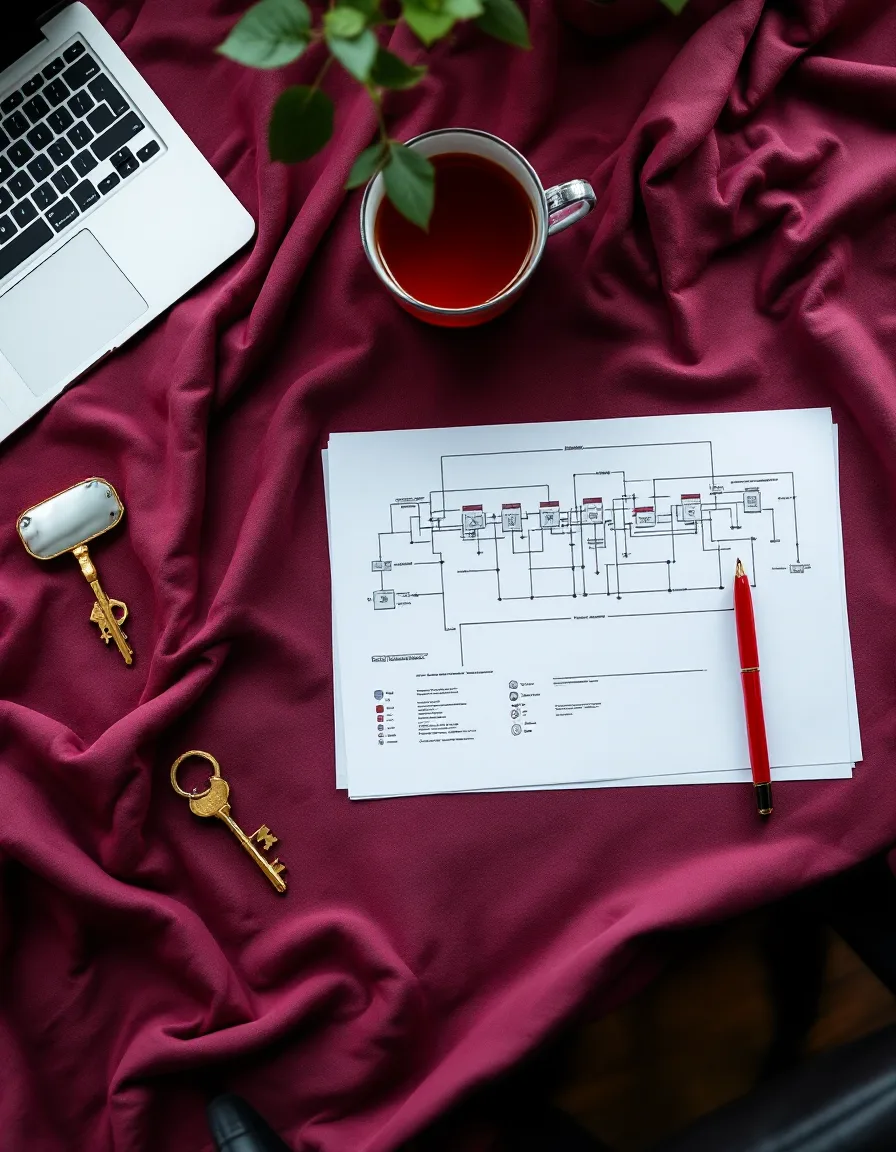 A consultant's desk with a network diagram, brass keys, a red pen and a cup of tea